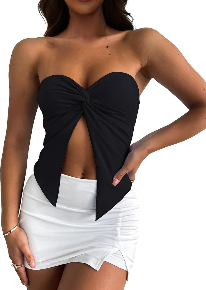 MISSACTIVER Women’s Y2K Sexy Twist Front Tube Top Strapless Sleeveless Solid Cut-Out Midriff Cr... | Amazon (US)