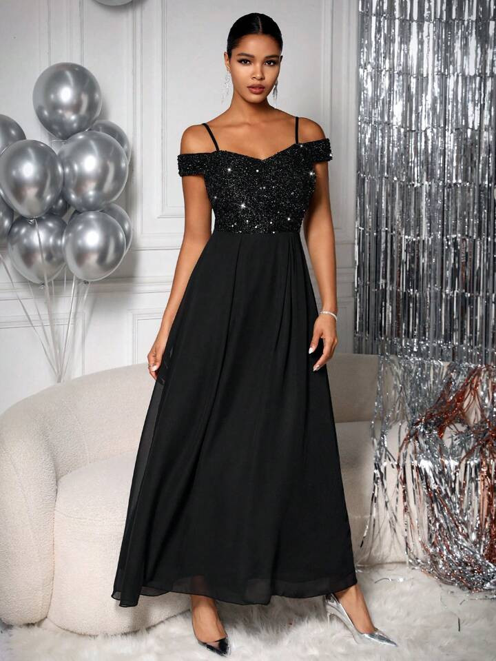 SHEIN BAE Ladies' Off Shoulder Shiny Evening Dress | SHEIN