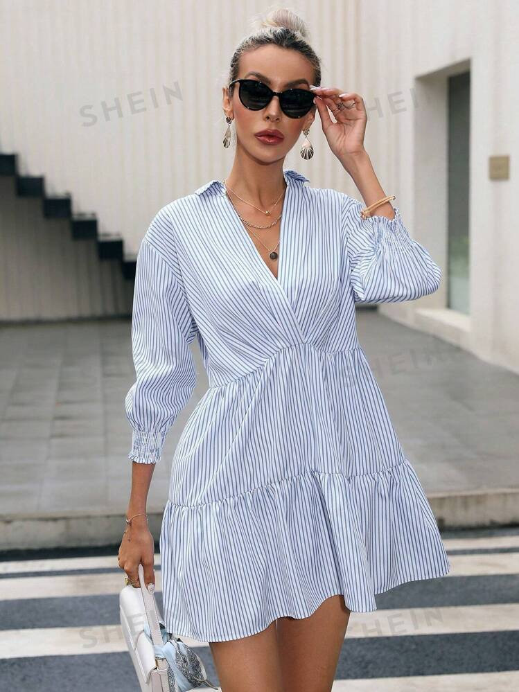 Aveloria Striped Print Ruffle Hem Smock Dress Dresses For Women Elegant | SHEIN