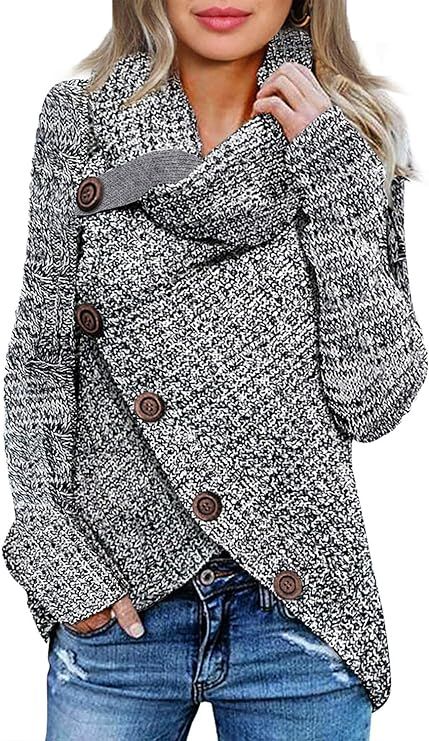 Itsmode Women's Chunky Turtle Cowl Neck Knit Wrap Asymmetric Hem Sweater Coat with Button Details | Amazon (US)