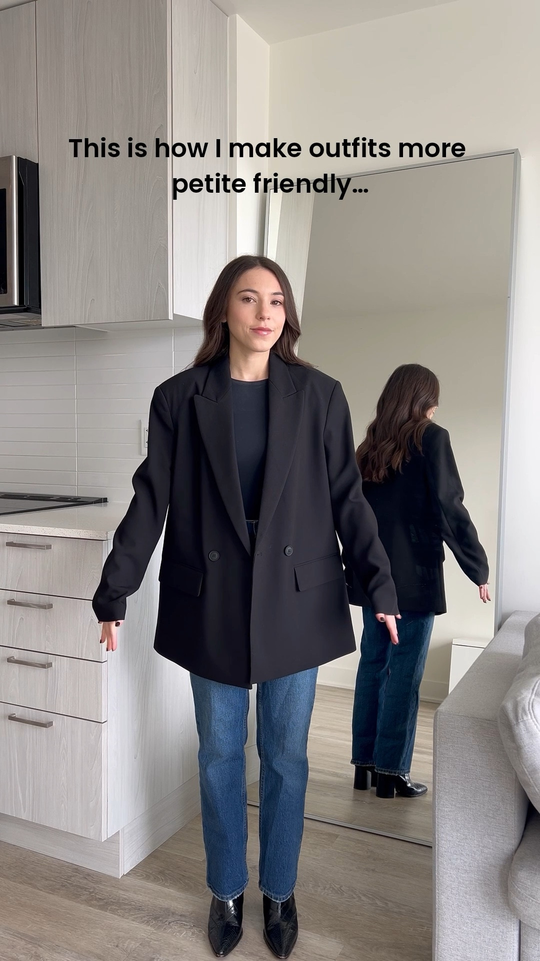 The blazer, wool coat, and knit dress are from Abercrombie’s petite line - designed with proportions that actually fit smaller frames. The petite blazer has sleeves and a tailored cut that flatter without overwhelming your frame. If you love a double-breasted style, this belted wool coat is a perfect choice - the tie waist defines your shape and balances the structured silhouette. And this burgundy dress hits at just the right length on petites, making it such a beautiful fall piece (especially for Thanksgiving dinner). 

The exact black pants I’m wearing are discontinued from Aritzia, so I found the closest dupe and linked them at the bottom. 

The jeans are also from Abercrombie but they’re in ‘extra short’ which means they’re designed for women under 5 feet. They’re my go to. 

Sizing: 
Oversized blazer - XS
Petite blazer - XXS petite 
Jeans - 23w extra short 

Long denim shirt - XXS 
Cropped denim shirt - XXS 

Oversized wool coat - XS
Petite wool coat - XXS petite 

Oversized sweatshirt dress - XXS
Petite knit dress - XXS petite 


#LTKstyletip #LTKfall #LTKpetite