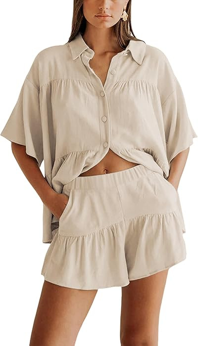 Womens 2 Piece Outfits Summer Ruffled Shirt and High Waist Shorts Matching Set | Amazon (US)
