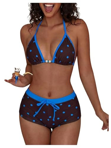 WDIRARA Women's Polka Dots 2 Piece Swimsuit Triangle Halter Bikini Set Boyshorts Bathing Suit | Amazon (US)