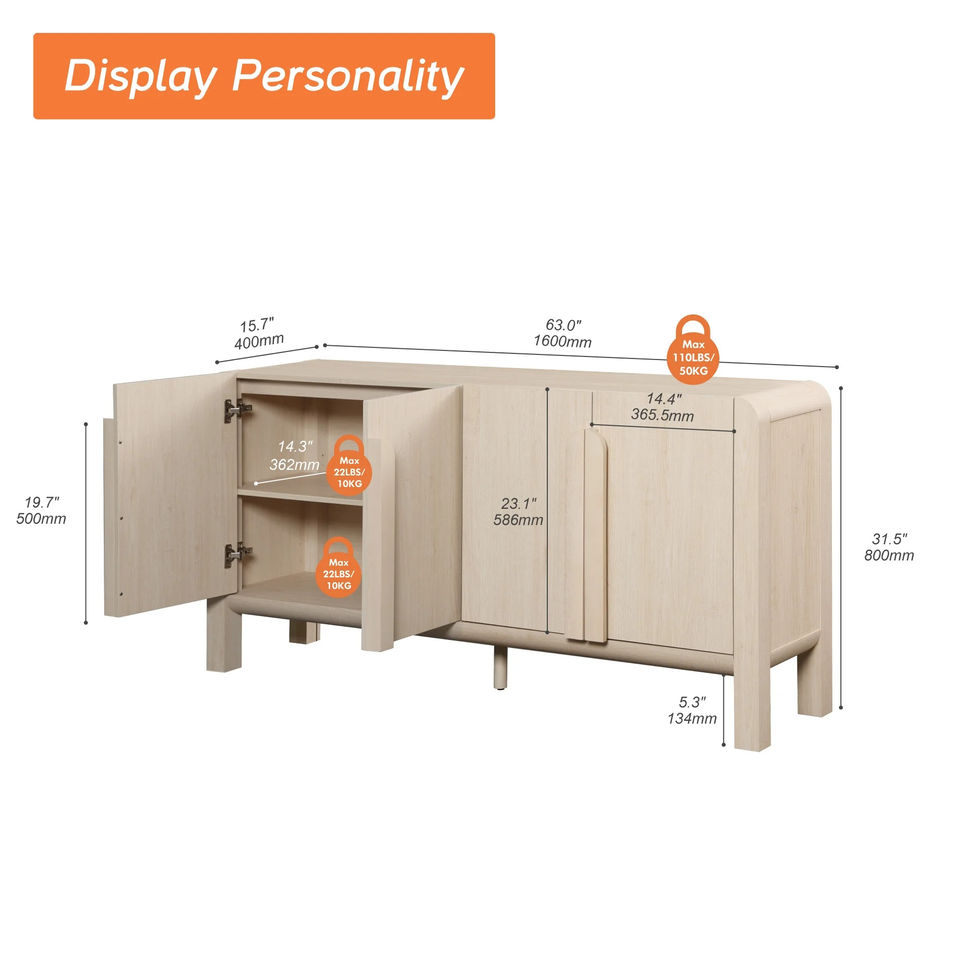 63" Accent Cabinet with 4 Doors and Adjustable Shelves, Modern Credenza Storage Cabinet with Curv... | Walmart (US)