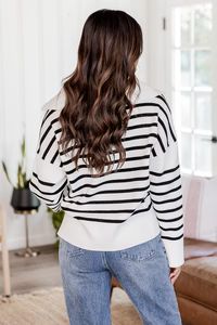 Let's Go Together Black And White Striped Collared V-Neck Sweater | Pink Lily