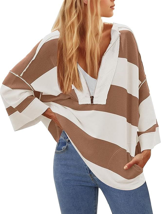 MISSACTIVER Women Oversized Striped Color Block Tees Top Half Zip Drop Shoulder Sleeves Casual Pu... | Amazon (US)