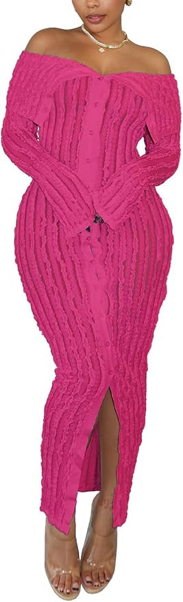 Sexy Button Down Dresses for Women Date Night Off Shoulder See Through Mesh Ruffle Bodycon Maxi D... | Amazon (US)