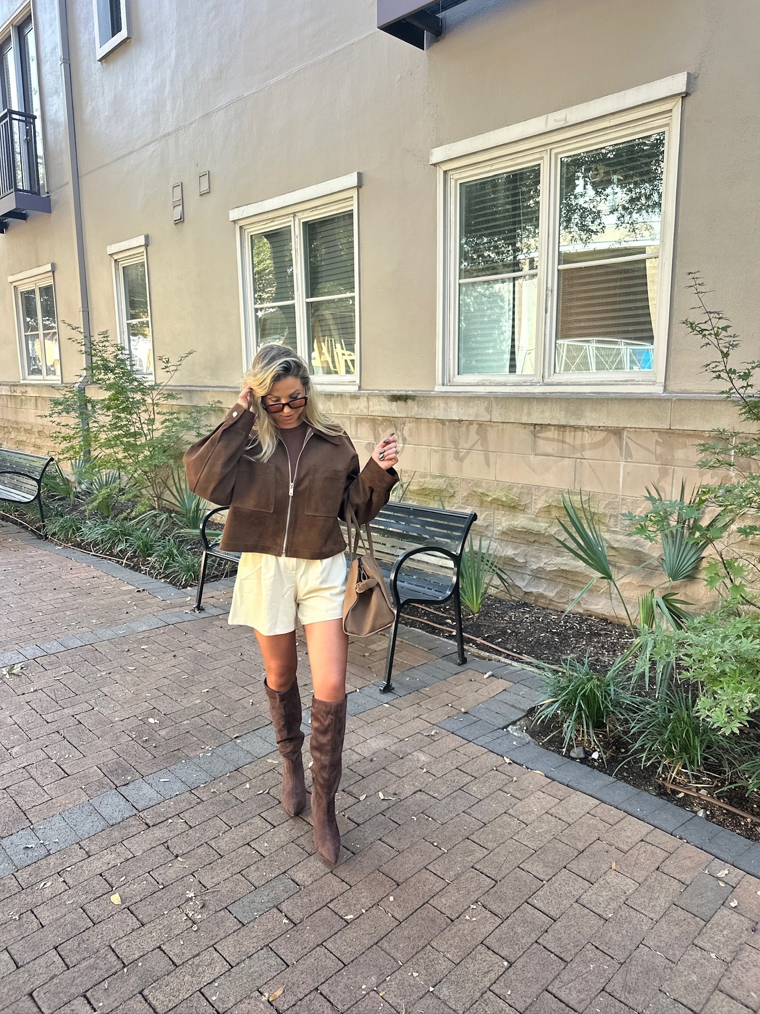 Love pairing a suede jacket with shorts for fall! These shorts are so chic and they can be dressed up or down. I am wearing my Target suede boots that I love with my suede handbag. All items linked ⬆️

#ltkcreator #ltkfinds #ltkwatchnow #amazon #amazonfinds #fall #falloutfits #suede #suedebag #suedejacket 

#LTKShoeCrush #LTKFindsUnder100 #LTKStyleTip
