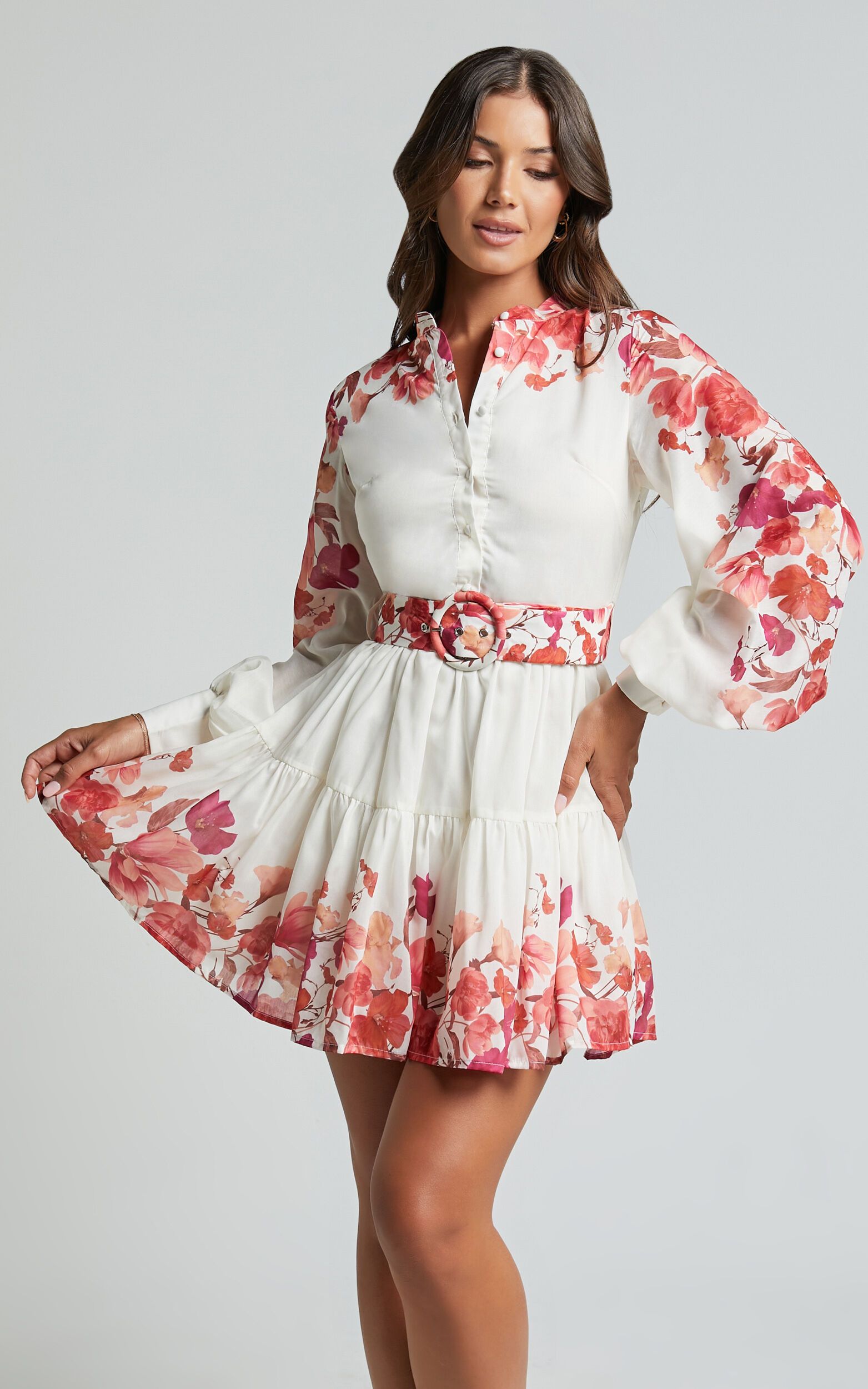 Becky Mini Dress - Long Bishop Sleeve Tiered Dress in Wildflower Print | Showpo (US, UK & Europe)