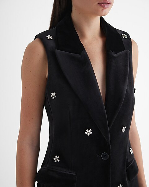 Velvet One Button Rhinestone Embellished Blazer Vest | Express