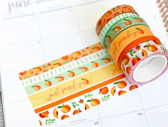 Peaches Spring Summer Peach Orange & Green Washi Tape Set. Planner Envy Washi Set  - W023 | Etsy (US)