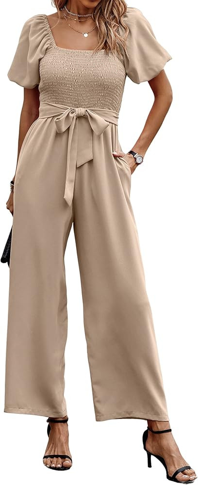 Angashion Women's Jumpsuits Square Neck Puff Short Sleeve Smocked Waist Wide Leg Outfit Rompers P... | Amazon (US)