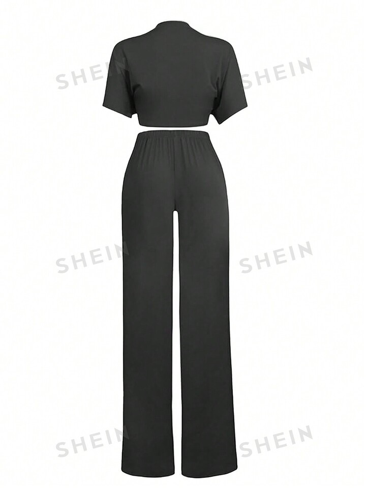 Ladies' Solid Color Front Tie Crop Top & Pockets Wide Leg Pants Two Pieces Set | SHEIN