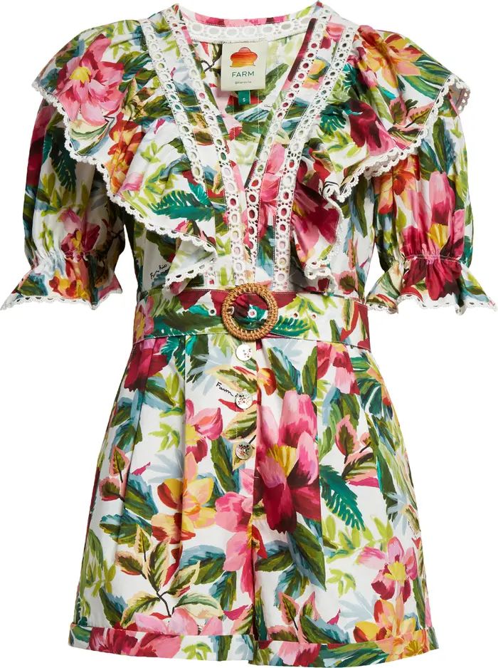 Painted Flowers Lace Trim Belted Cotton Romper | Nordstrom