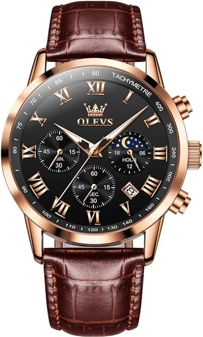 OLEVS Watches for Men Leather Watch Analog Quartz Luxury Chronograph Wrist Watches with Date Dres... | Amazon (US)