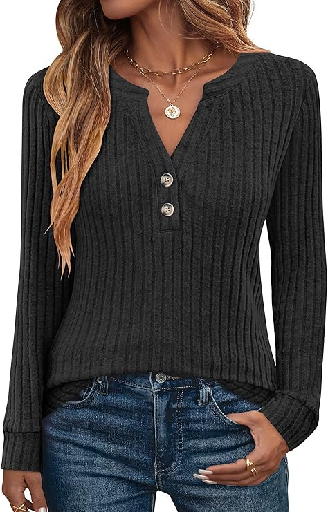 ANRABESS Womens Henley Shirts Long Sleeve Tunic Tops 2025 Fall Fashion Outfits Ribbed Knit Sweate... | Amazon (US)
