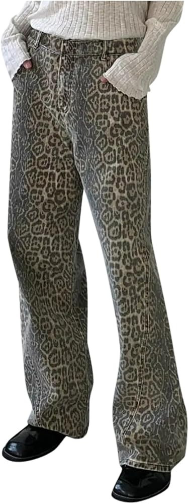 Women's Fashion Leopard Jeans High Waisted Vintage Casual Y2K Grunge Pants Streetwear Baggy Wide ... | Amazon (CA)
