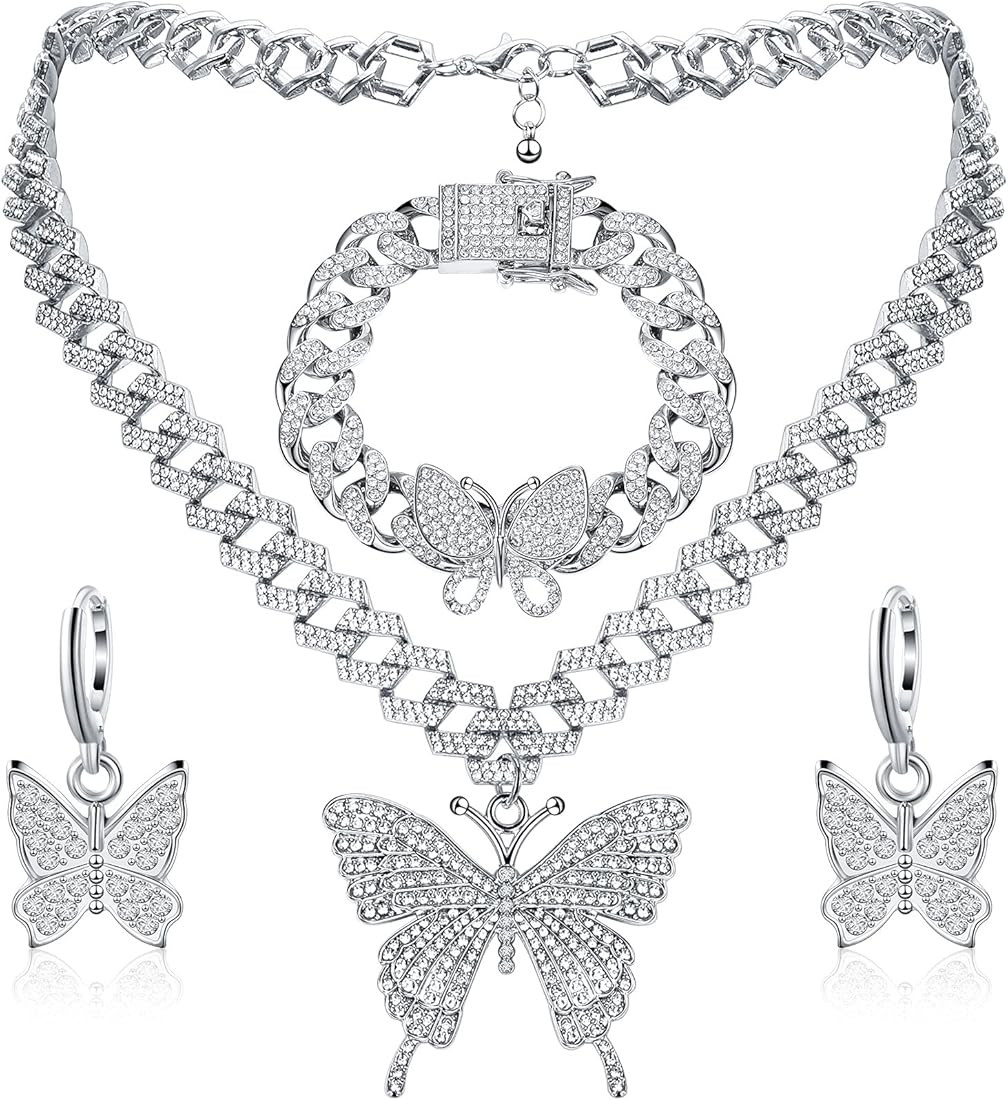3 Pieces Cuban Chain Necklace Bracelet Big Butterfly Pendant Necklace Rhinestone Cuban Link Necklace | Amazon (US)
