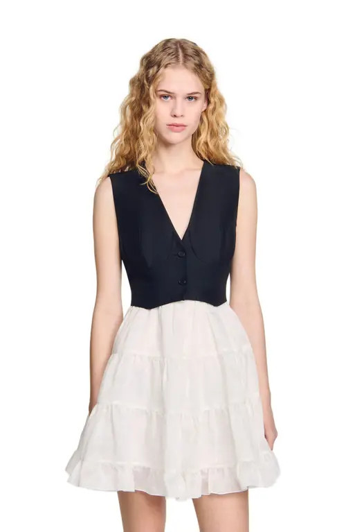 SANDRO Two-tone short dress in Black /Ecru at Nordstrom, Size 34 Eu | Nordstrom