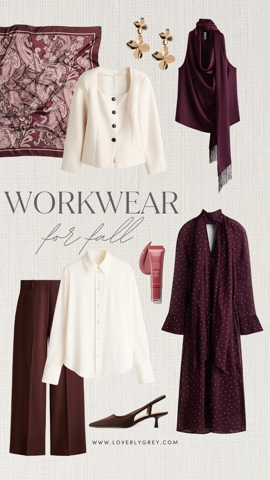 If you need work outfit ideas for fall, this color palette is everything. Burgundy, cream and chocolate brown make these blouses, trousers and dresses feel so polished without being boring.