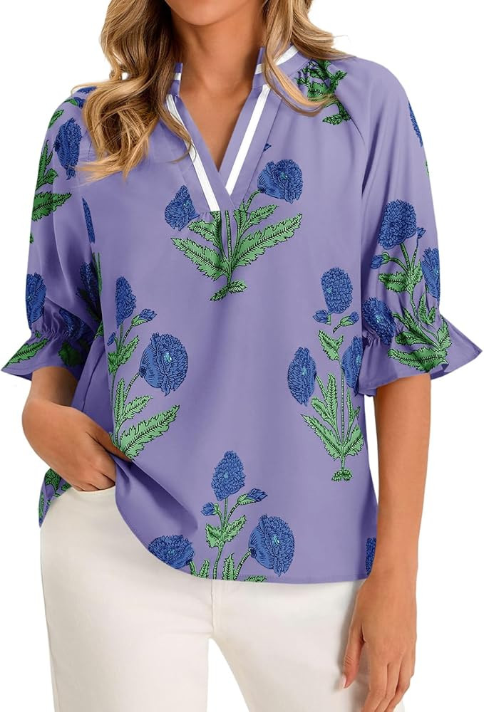 Cicy Bell Womens Boho Floral Blouses Puff Ruffle Sleeve V Neck Summer Shirts Dressy Casual Flowy ... | Amazon (US)