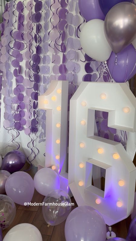 🎉My daughter loved her Sweet Sixteen Party Friday night and she got the cutest pics with all her friends in front of this photo backdrop! The giant 4ft light-up 16 numbers were totally worth it and I added some purple spotlights to create some more ambience.  The spotlights also have other color options, so you can use them for other birthday or party color themes.  

🎈Having LOTS of balloons floating around on the floor is an easy and inexpensive decoration to make your party festive and fun.  We had a TON of different shades of purple and white and clear with confetti balloons all over the house.  I linked the exact balloon packs we used, too!  I bought two packs.  The more balloons, the better!

Purple crop top summer fashion 

#sweetsixteen #partysupplies #photobackdrop #partyideas #amazonfinds #modernfarmhouseglam 

#LTKParties #LTKHome #LTKWedding