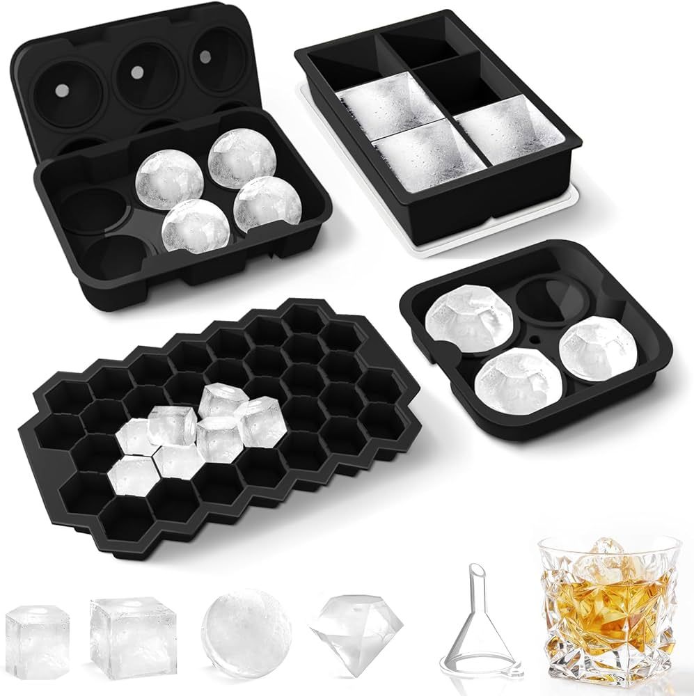 Ice Cube Tray, Silicone Large Ice Cube Molds for Freezer with Lid (4 Pcs), 6 Ball Ice Tray, 4 Dia... | Amazon (US)
