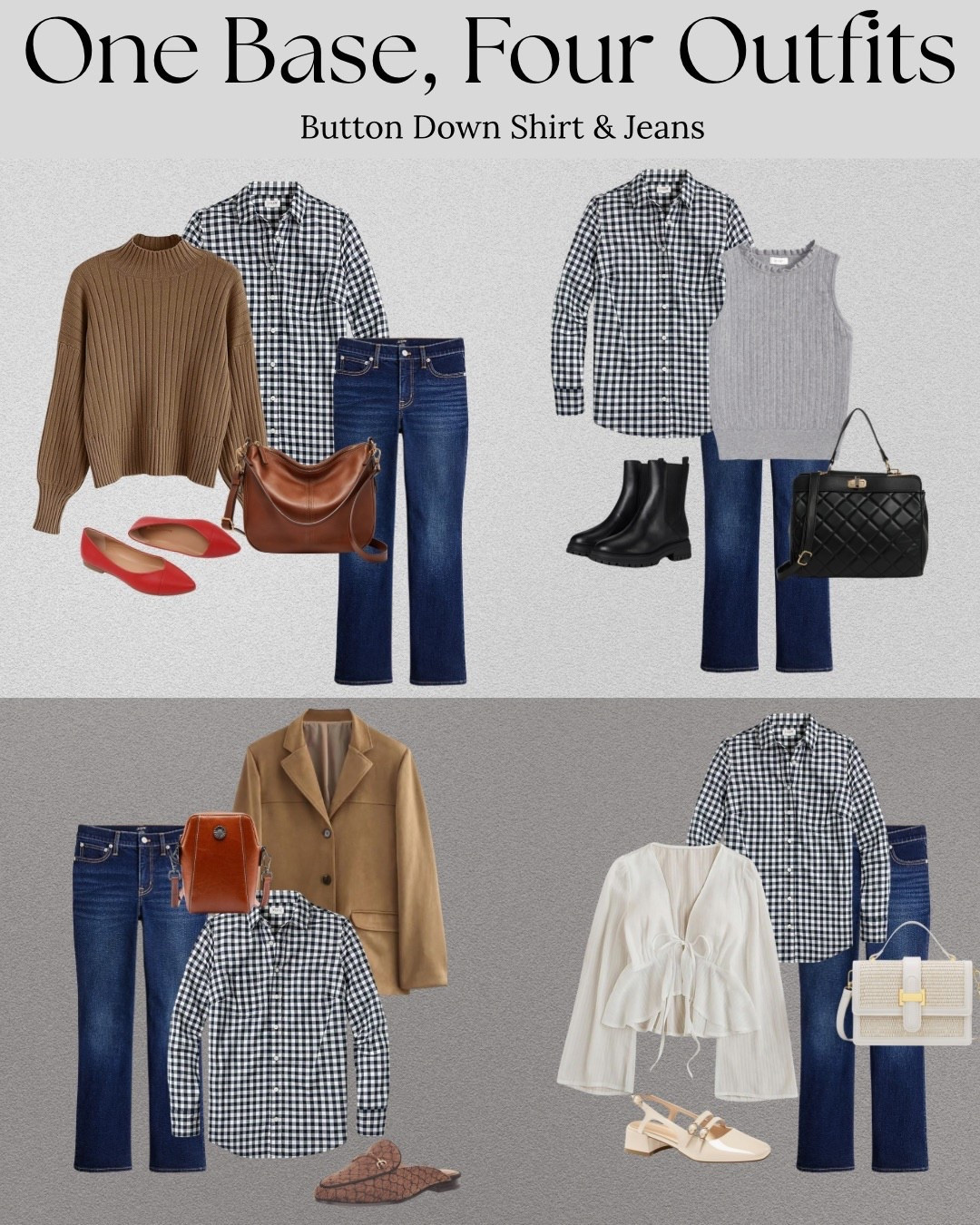 One base piece, endless outfit options! A gingham button down and classic jeans make the easiest starting point for fall looks. Add layers, swap shoes and mix in textures for completely different styles with the same base.

#LTKFallFashion #LTKStyle #LTKOutfitInspo #LTKUnder100 #LTKFinds #LTKEverydayStyle #LTKSeasonal #LTKCapsuleWardrobe

#LTKStyleTip