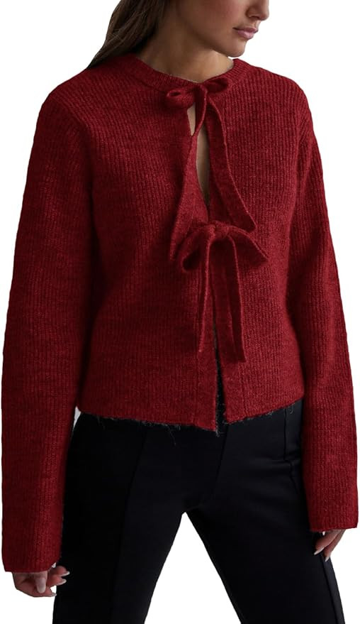 Women's Cropped Ribbed Knit Cardigan Long Sleeve Bow Tie Front Open Front Knitwear Tops | Amazon (US)