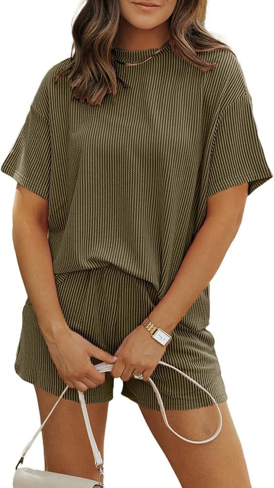 MARZXIN Women 2 Piece Shorts Set 2026 Casual Summer Cruise Outfits Ribbed Loose Short Sleeve Pock... | Amazon (US)