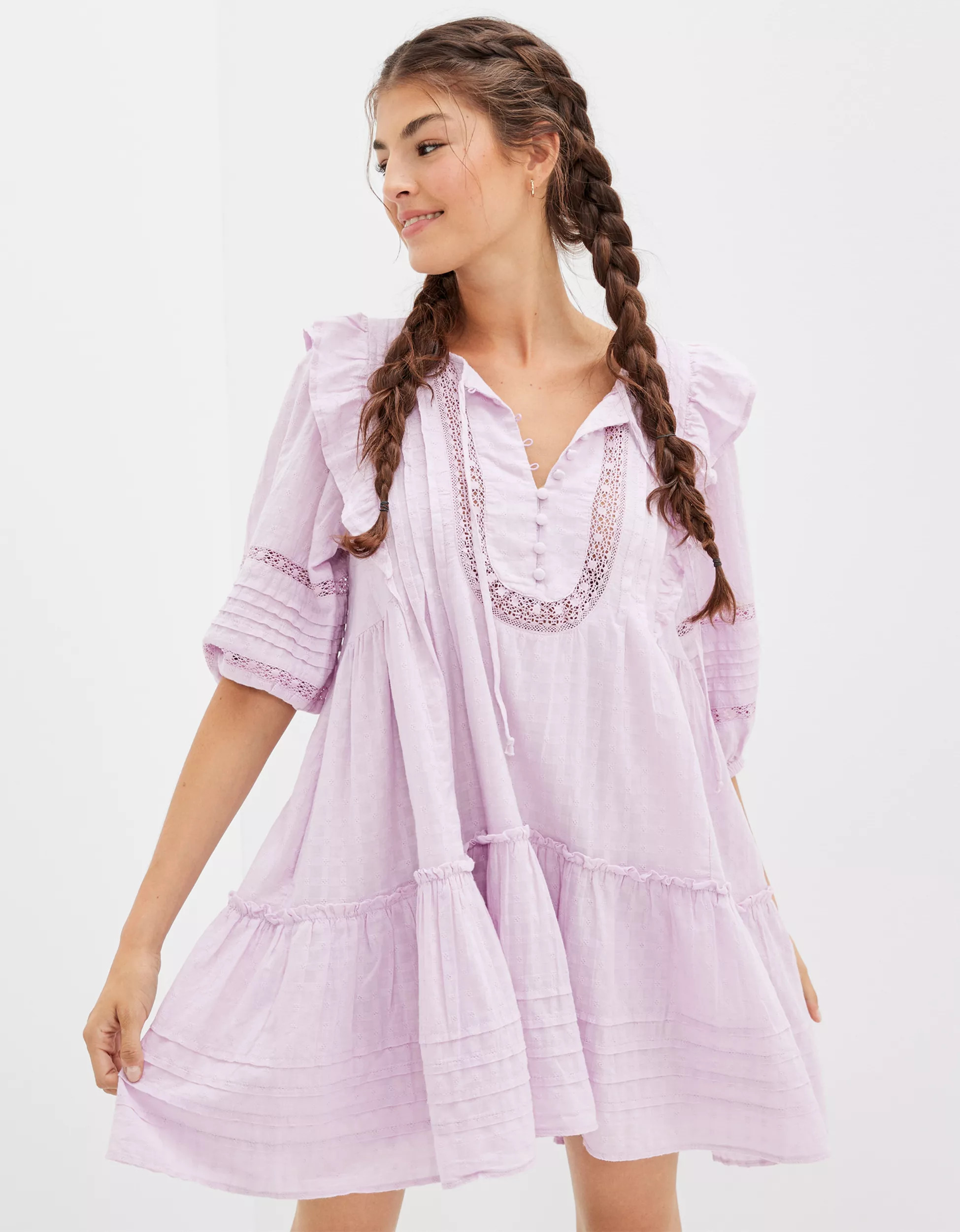 AE Pintuck Ruffle Babydoll Mini Dress | American Eagle Outfitters (US & CA)