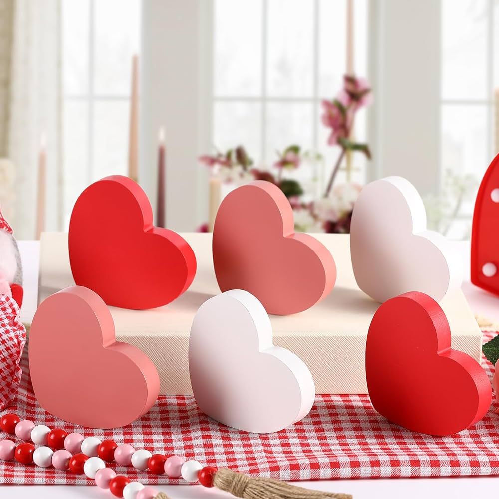 FestalMart Valentines Day Decor-6pcs Wooden Heart Decorations Sign - Classic White Pink Red Valen... | Amazon (US)