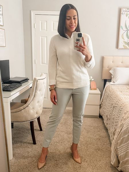 Layered a white button down with a cream sweater for a light and airy spring workwear look! Added in mint pants for a subtle pop of color!

- Button Down: Size Small 
- Cream Sweater: Size Medium 
- Mint Pants: Sold Out
- Nude Pumps: Size 8


#LTKSeasonal #LTKstyletip #LTKworkwear
