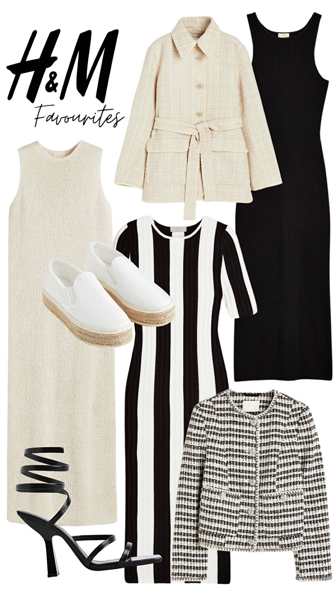 H&M FAVOURITES 🖤 Spring incoming with all these gorgeous light knit pieces! Obsessed with these effortlessly chic dresses too — wear casually with espadrilles and trainers or dress up with heeled boots or stilettos ✨