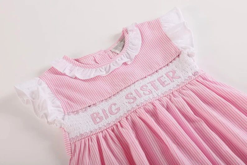 Girls Pink Striped Big Sister Smocked Dress | Etsy (US)