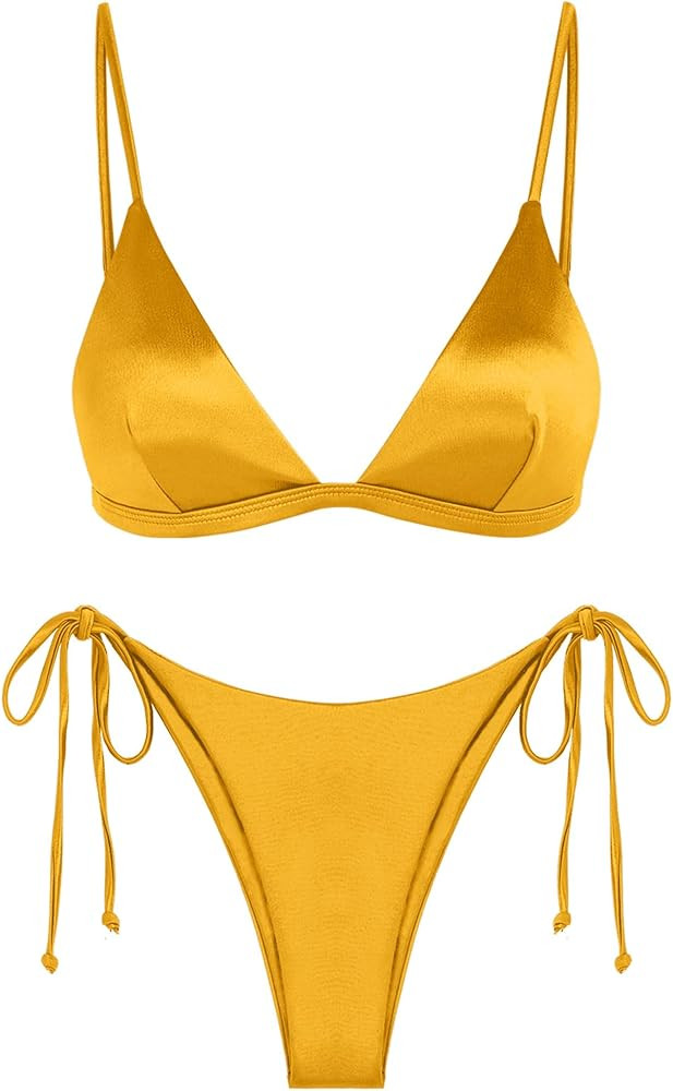 ZAFUL Women's Shiny Silky Bikini Sets Sexy Triangle Two Piece Swimsuit 2024 Tie Side Thong High C... | Amazon (US)