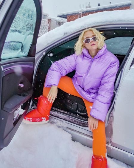 Winter outfit inspo. Trendy winter look.  Bright colorful. Lilac puffer, orange leggings, red winter boots. 

#LTKSeasonal #LTKshoecrush #LTKstyletip
