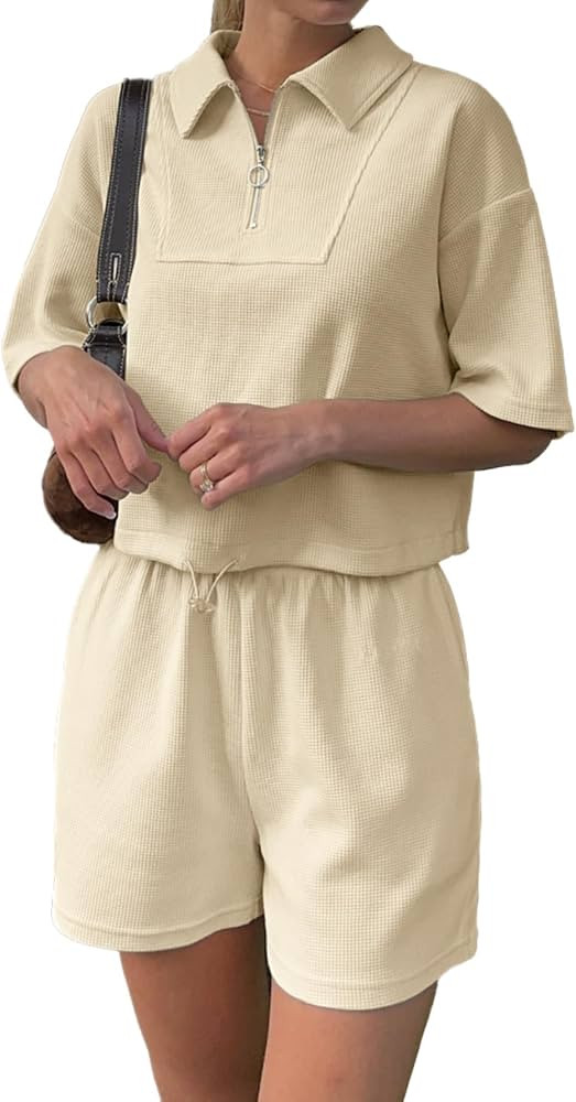 Glamaker Women's Casual 2 Piece Outfits Half Zip Summer Short Sets Sweatsuits Short Sleeve Crop T... | Amazon (US)