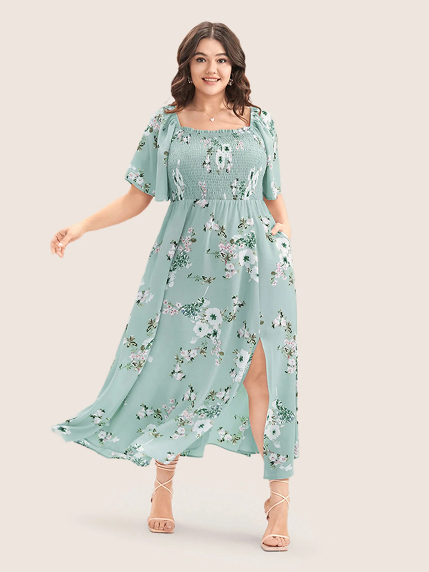 Floral Square Neck Ruffles Pocket Shirred Split Dress | Bloomchic