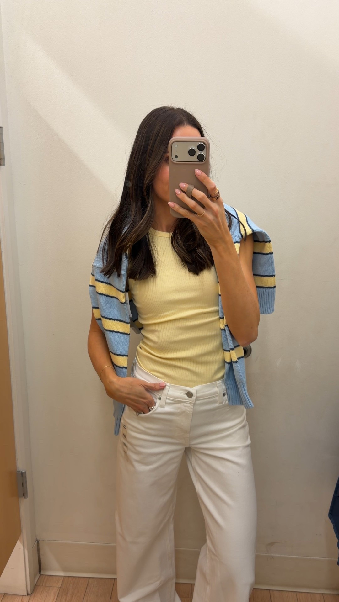 Spring colors have entered the chat 🤝🏼💛🩵 
Wearing my true size S in the tank, sized up to a M in sweater and tts 2/26 in white wide leg jeans 

#LTKootd #LTKSaleAlert #LTKSeasonal