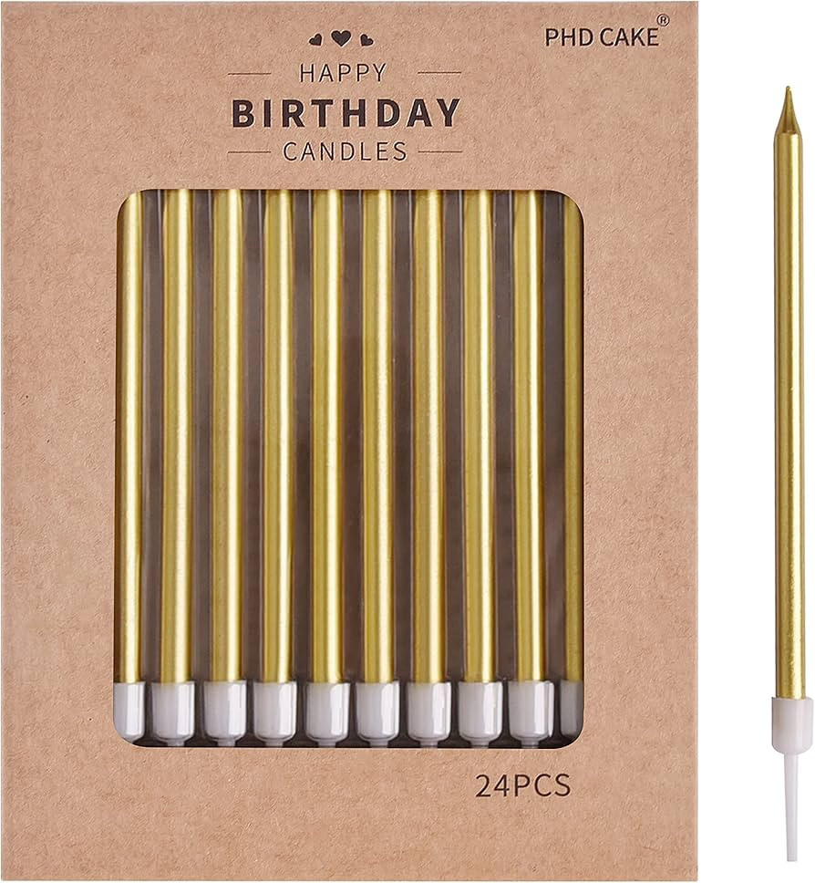 PHD CAKE Gold Long Thin Metallic Birthday Candles, Cake Candles, Birthday Parties, Wedding Decora... | Amazon (US)
