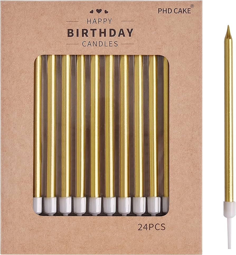 PHD CAKE 24-Count Gold Long Thin Metallic Birthday Candles, Cake Candles, Birthday Parties, Wedding Decorations, Party Candles, Cake Decorations - Unscented | Amazon (US)