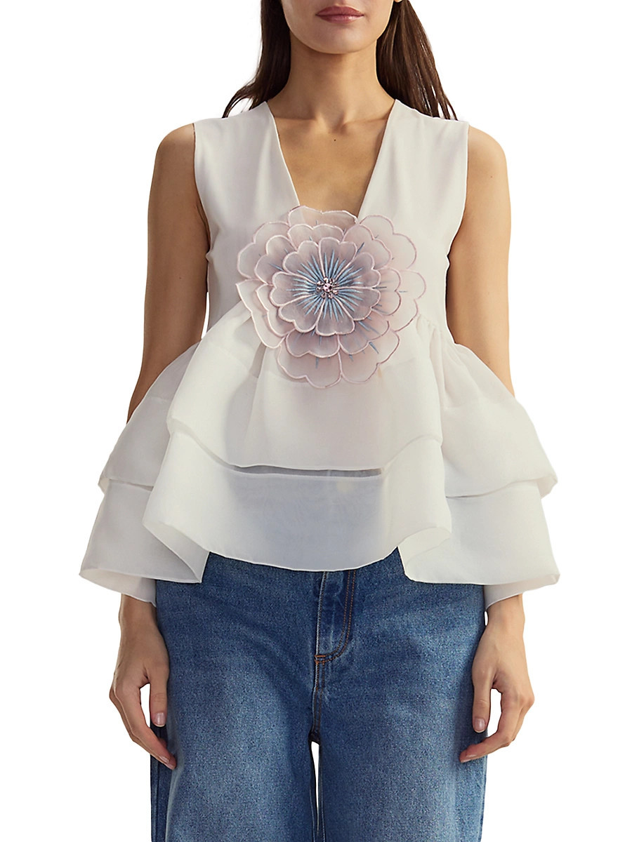 Women's V-Neck Organza Flower Top - White Multi - Size Small | Saks Fifth Avenue