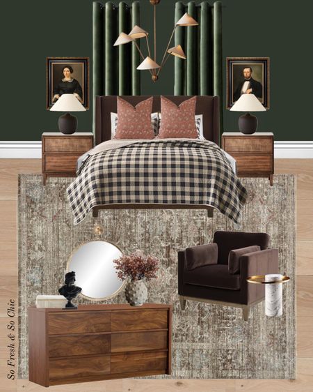Bold green bedroom mood board!
-
Checkered black and white quilt - brown upholstered bed - cane and wood nightstands - wood dresser - neutral rug - brown velvet arm chair - marble and gold accent table - crane chandelier with white shades - black table lamps
With white shade - vintage portrait framed art - round gold mirror - black bust - white textured box - textured ceramic vase - green velvet curtains - burgundy printed throw pillows - transitional bedroom decor - sale bedroom - Etsy - Wayfair - Amazon home - Loloi rugs 

#LTKsalealert #LTKhome