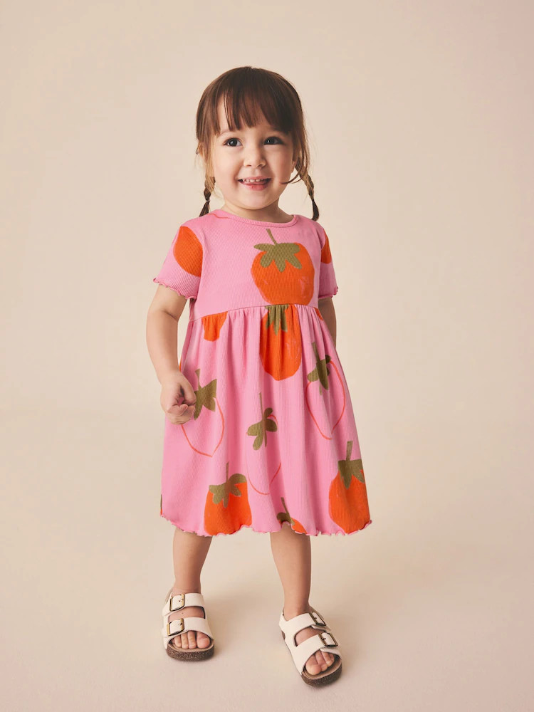 Pink Strawberry Short Sleeve Ribbed Dress (3mths-7yrs) | Next US