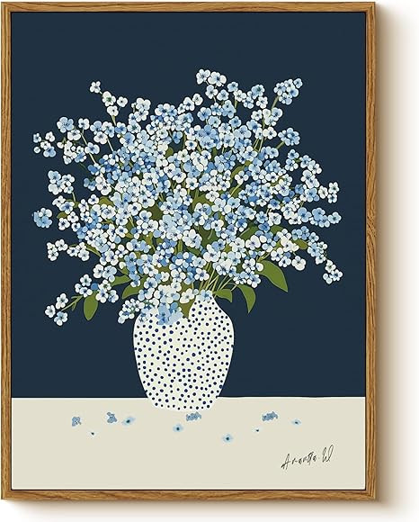 Vintage Framed Floral Wall Art 12x16, Blue White Baby’s Breath Flower in Polka Dot Vase Print, ... | Amazon (US)