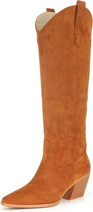 iiimmu Cowboy Boots for Women Cowgirl Western Knee Hight Boots Embroidered Chunky Block Heel Poin... | Amazon (US)