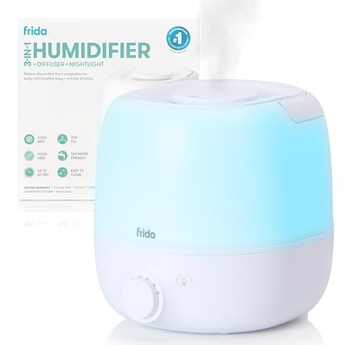 Frida Baby 3-in-1 Cool Mist Humidifier for Large Rooms, Top Fill Humidifier for Bedroom, Allergy Relief, 60 Hour Runtime + Nightlight, Auto Shut-Off, Quiet, Carry Handle, Essential Oil Diffuser | Amazon (US)