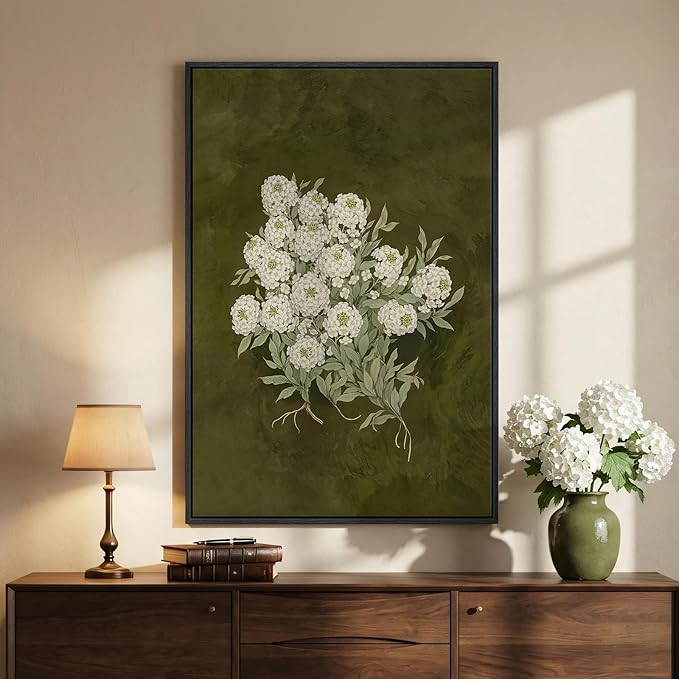 Large Framed Vintage Green Floral Wall Art, Vertical Modern Farmhouse Nature Olive Green Flower C... | Amazon (US)