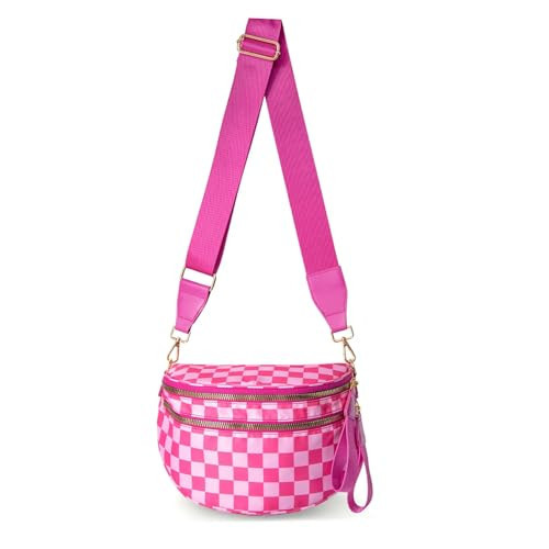 Black and White Checkered Crossbody Bum Bag, Spacious Design for Essentials Plus Size Friendly Strap 55" (Pink Checkered) | Amazon (US)